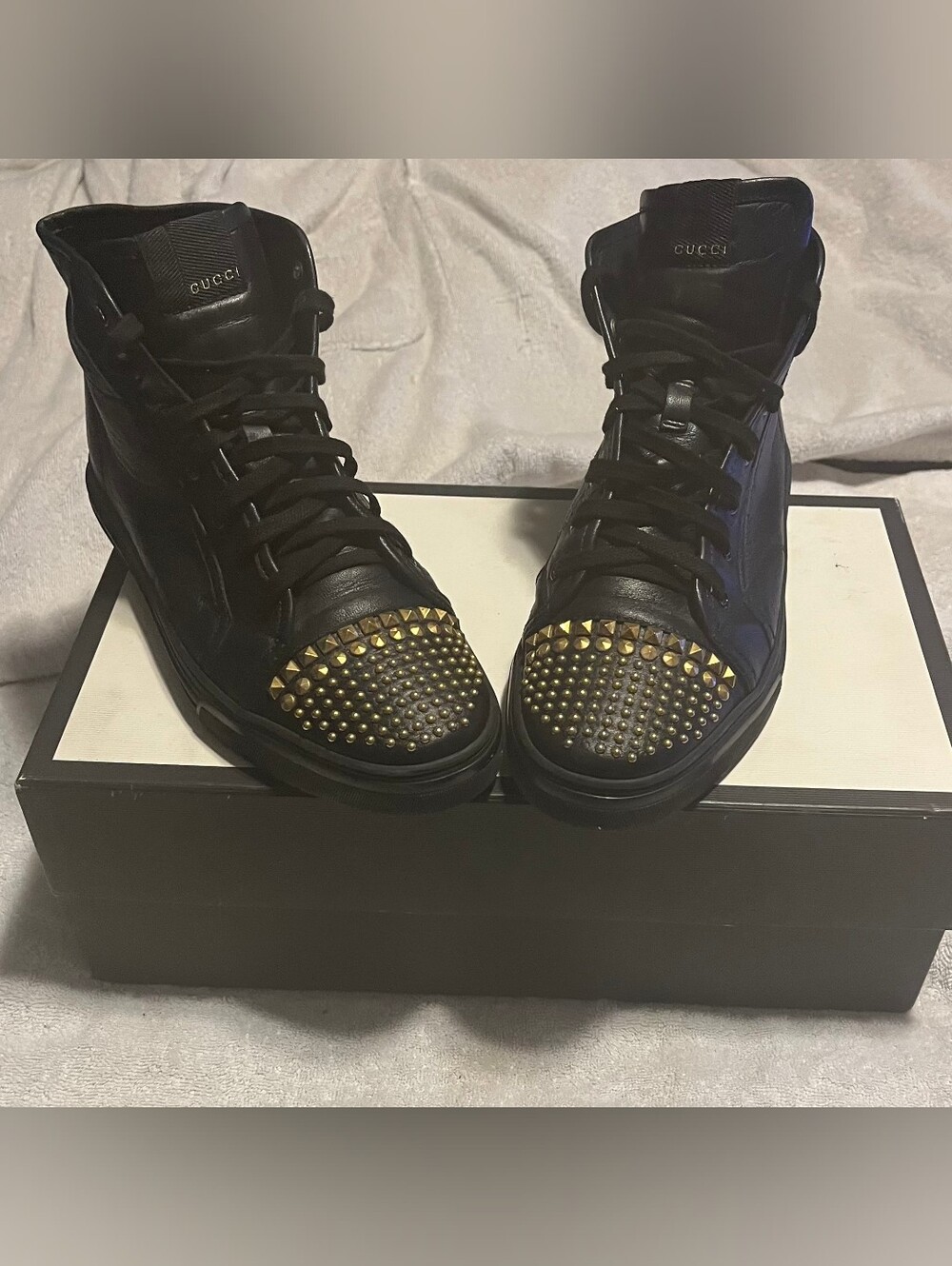 Gucci Black High-Top Sneakers with Gold Studded Toe Caps